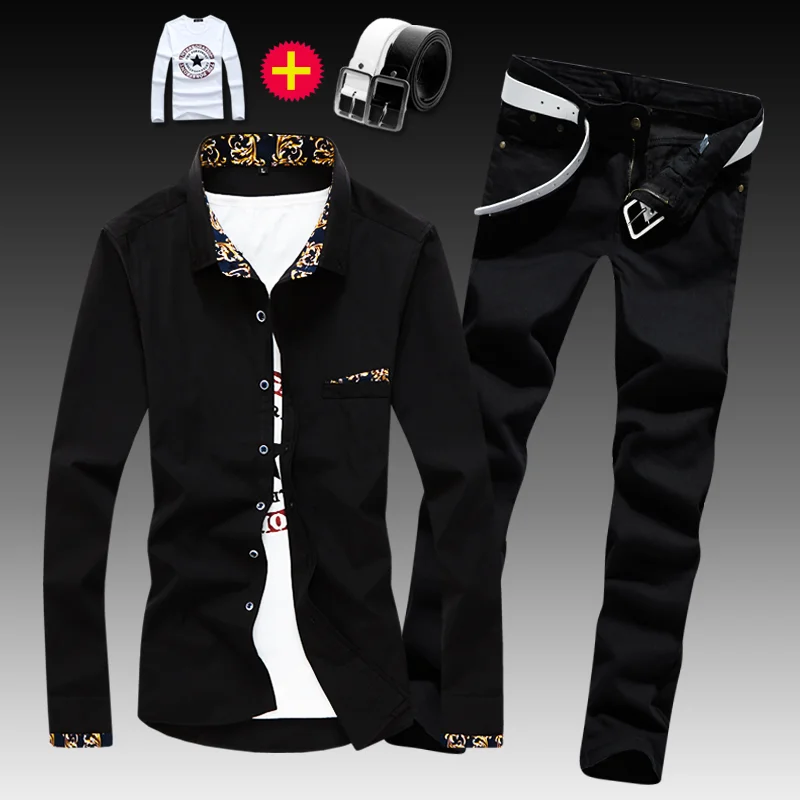 

Рубашка и брюки-Карандаш мужские с длинным рукавом, облегающие джинсы, повседневный комплект из 2 предметов, одежда для мужчин, E46, весна-осен...