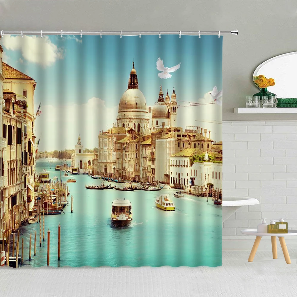 

Nordic Seaside Town Building Landscape Shower Curtain Mountain Forest Sea Scenery Bathroom Decor Waterproof Fabric Curtains