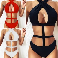 2020 new solid bandage one piece swimsuit women tie neck cut out monokini white black red swimwear sexy hollow out bathing suit