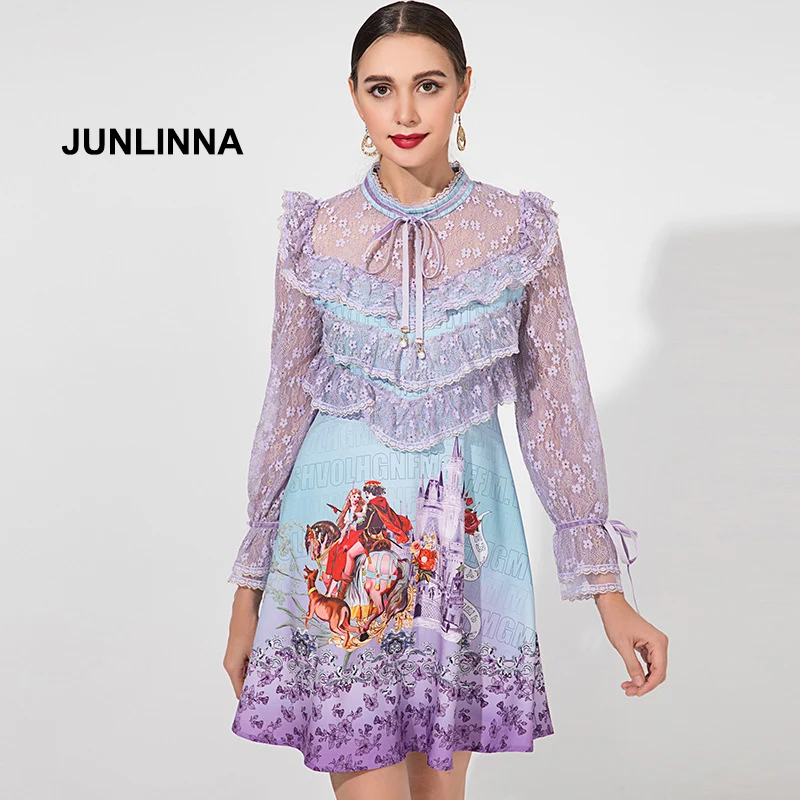 

JUNLINNA Модное Новое Женское платье принцессы с оборками кружевное лоскутное платье с принтом весенние платья для похудения
