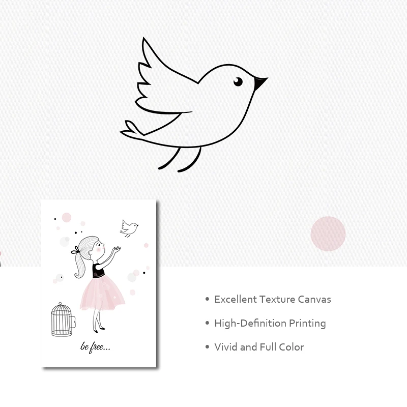 Розовая мультяшная девушка холст постер Птицы Детская настенная живопись