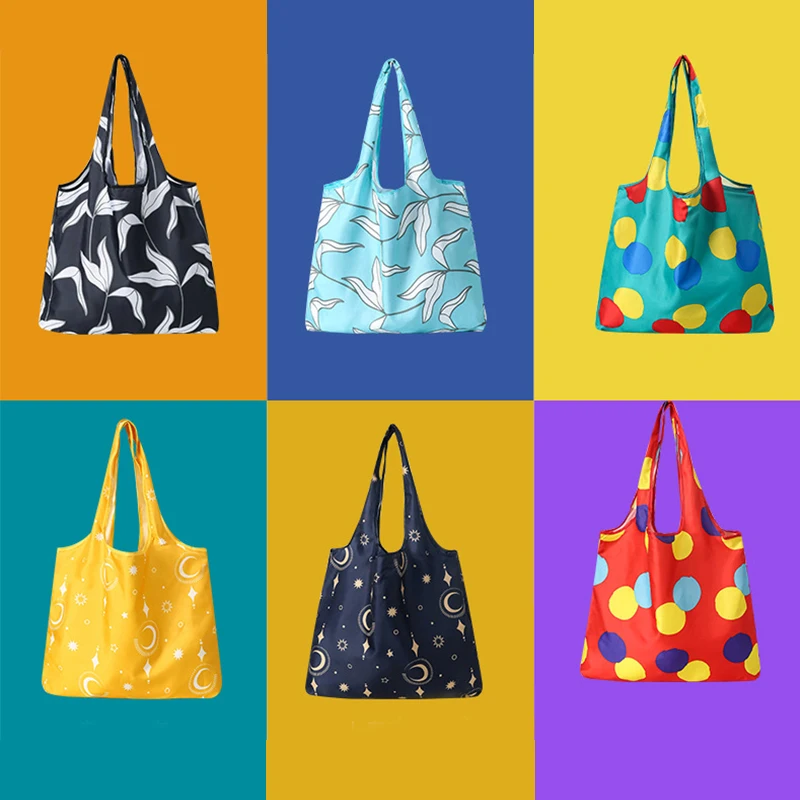 

Printed Large Grocery Bags Reusable Folding Shopping Bag Carry Storage Bag One-shoulder Travel Bag polyester Waterproof pouch