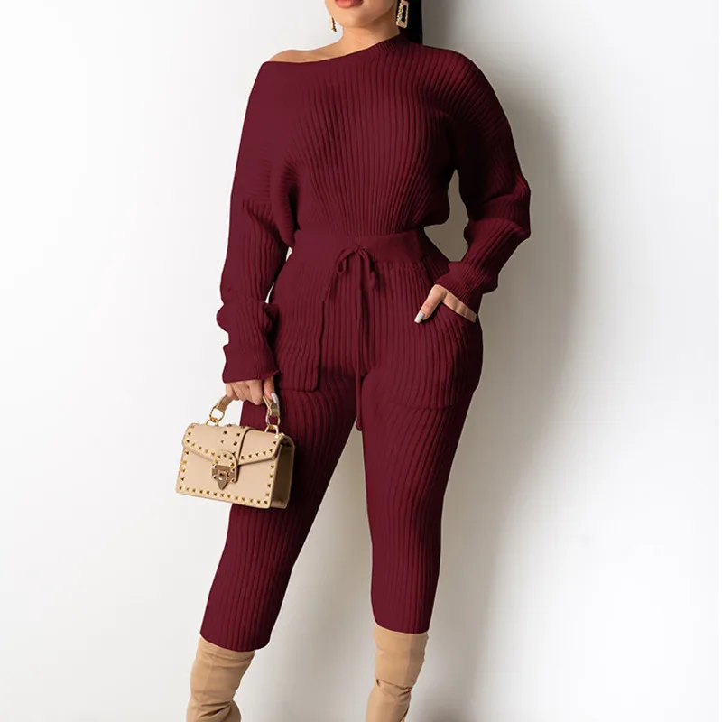 

Winter Pocket Tracksuit 2 Piece Pant Suits For Women Knitted Long Sleeve Two Piece Set Top And Pants Women Suit Outwear
