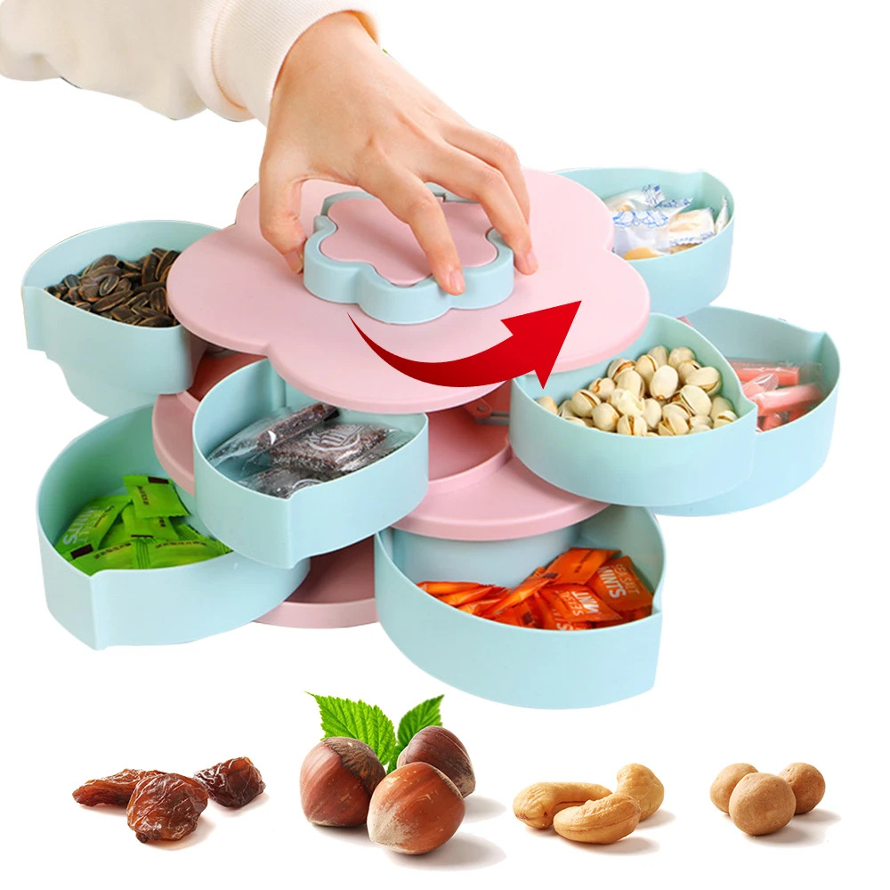 

Вращающаяся коробка для конфет в форме лепестков, коробка для закусок, орехов, органайзер для сухих фруктов, двухуровневый чехол для хранен...