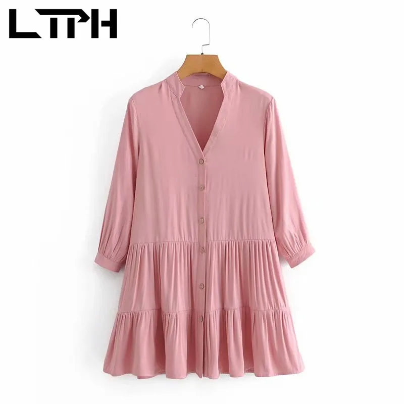 

LTPH Casual loose pink Linen shirt dress women V-neck 3/4 sleeve vintage Single Breasted elegant A-line dresses 2021 Spring New