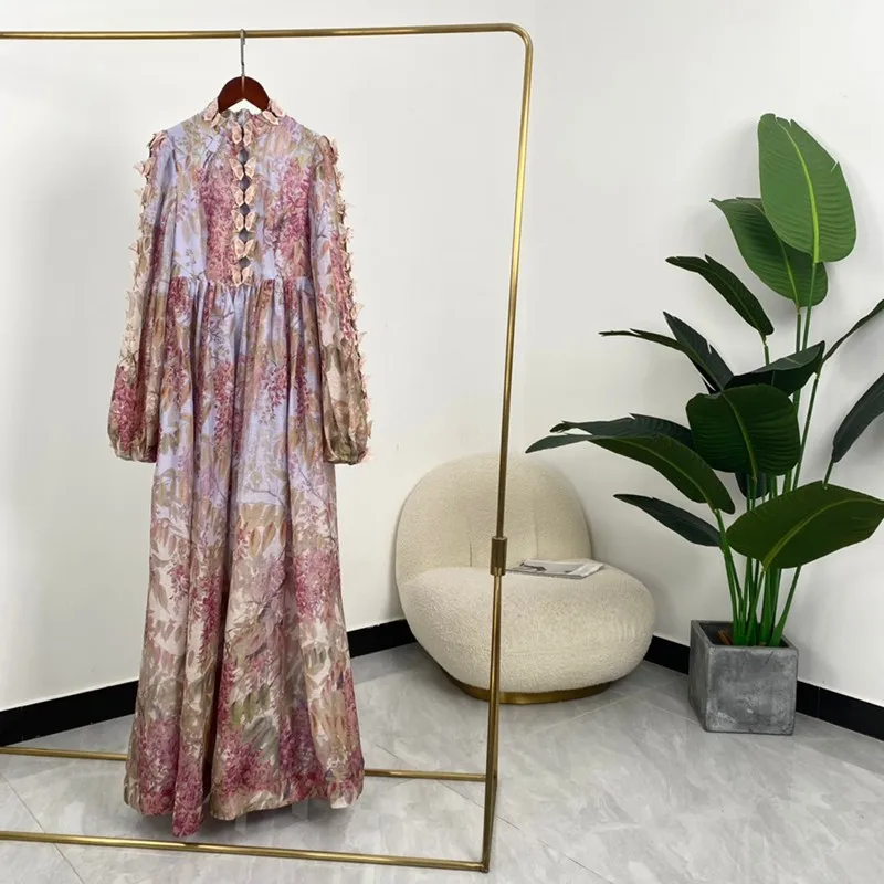 

2021 new Women Fashion Top Qaulity A Line Pink Butterfly Appliqued Lantern Sleeves Silk Linen Long Dresses For Party