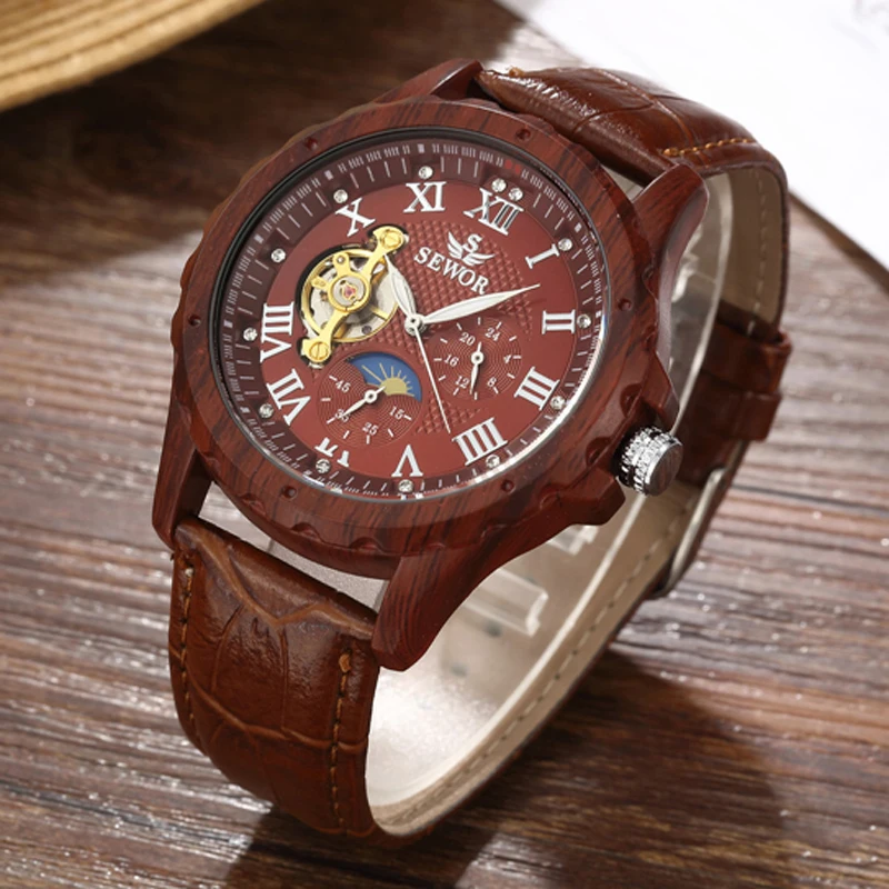 

Fashion Wood Mechanical Watch Men Tourbillon Watches Small Seconds Moon Phase Automatic Mechanical Wristwatches Wooden Watch