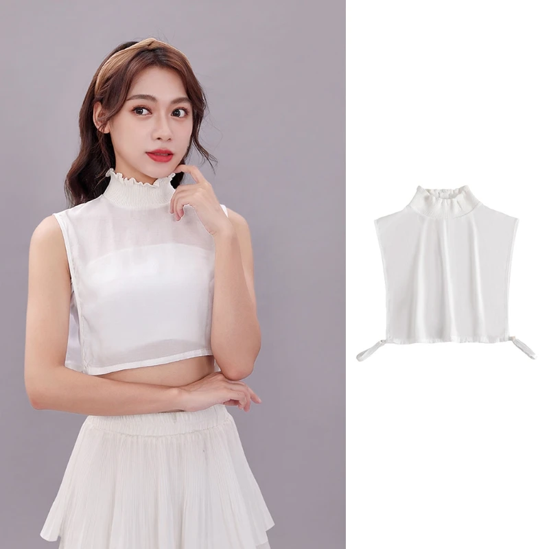 

Q1FA Women Ribbed Ruffled Turtleneck Half Top Blouse Dickey Back Zipper Detachable False Fake Collar Solid Color Neck Warmer