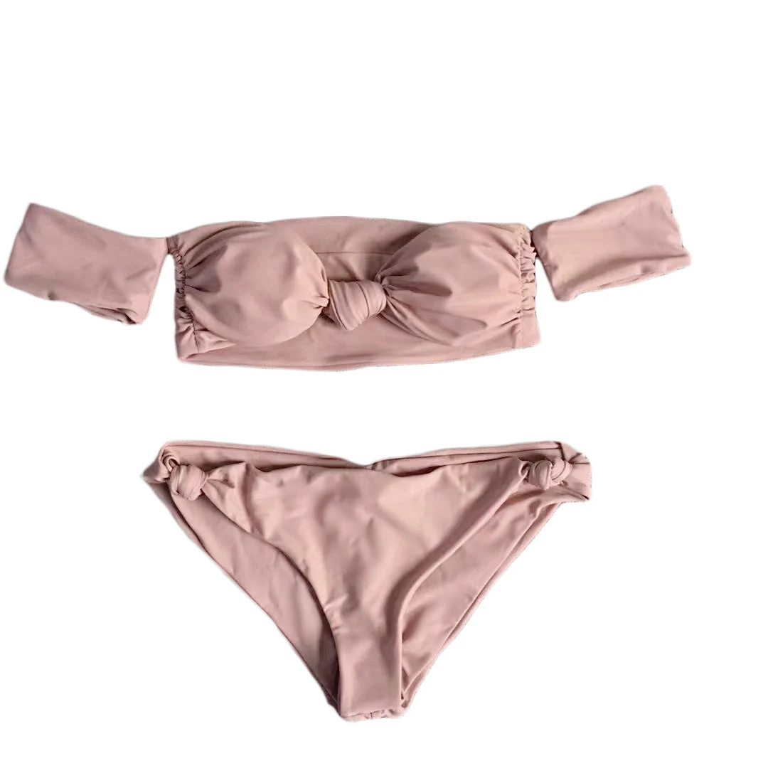 

European and American Bikini Knot Pleated White Rubber Pink Bikini Off-Shoulder Small Chest Chest Emphasizing Swimsuit Women