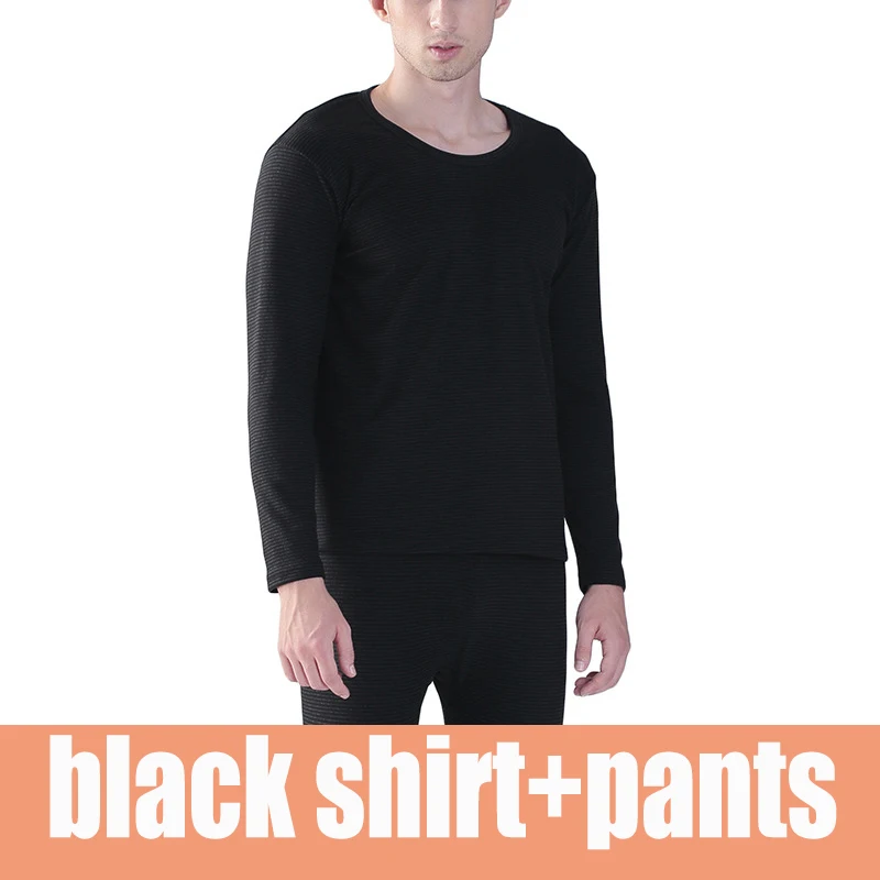 Black shirt pants Мужские хлопковые кальсоны, костюмы, Осень-зима, свободные, плюс размер, XL-7xl, в полоску, с круглым вырезом, термобелье, Топы+ штаны, комплект из 2 предметов - Цвет: Black shirt pants