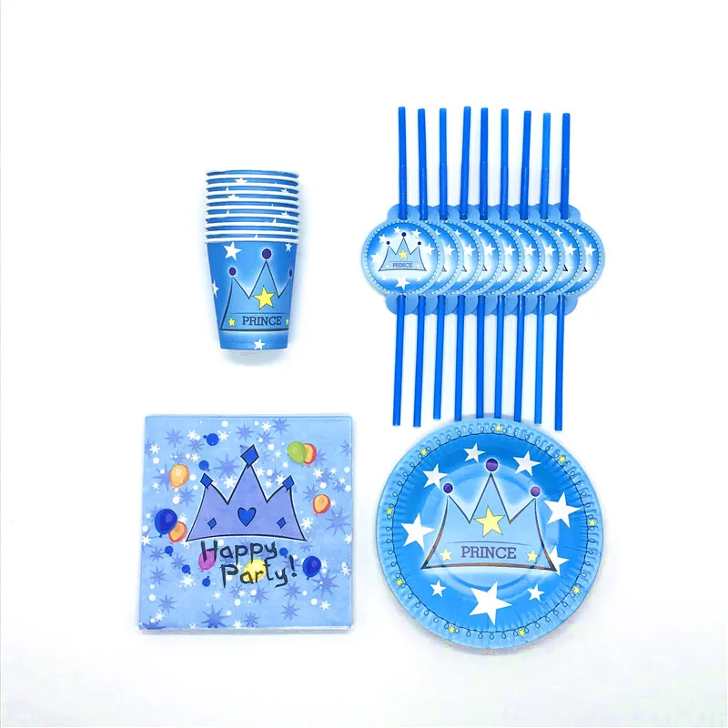 

51 pcs Cartoon Crown Blue Paper Cups Napkins Plates Tablecloth Straws Birthday Party Disposable Decorations Tableware Supplies