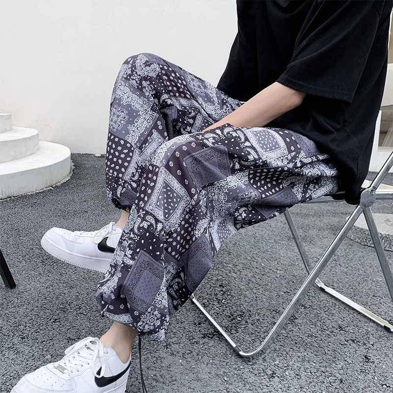 

M-5XL!Spring and summer day department retro totem print ice silk casual pants male large straight leg pants sport leg pants hip