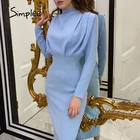 Женское платье-футляр Simplee, офисное хлопковое Плиссированное Платье макси с высоким воротником и длинными рукавами, вечерние платья трапециевидной формы, однотонное платье с оборками