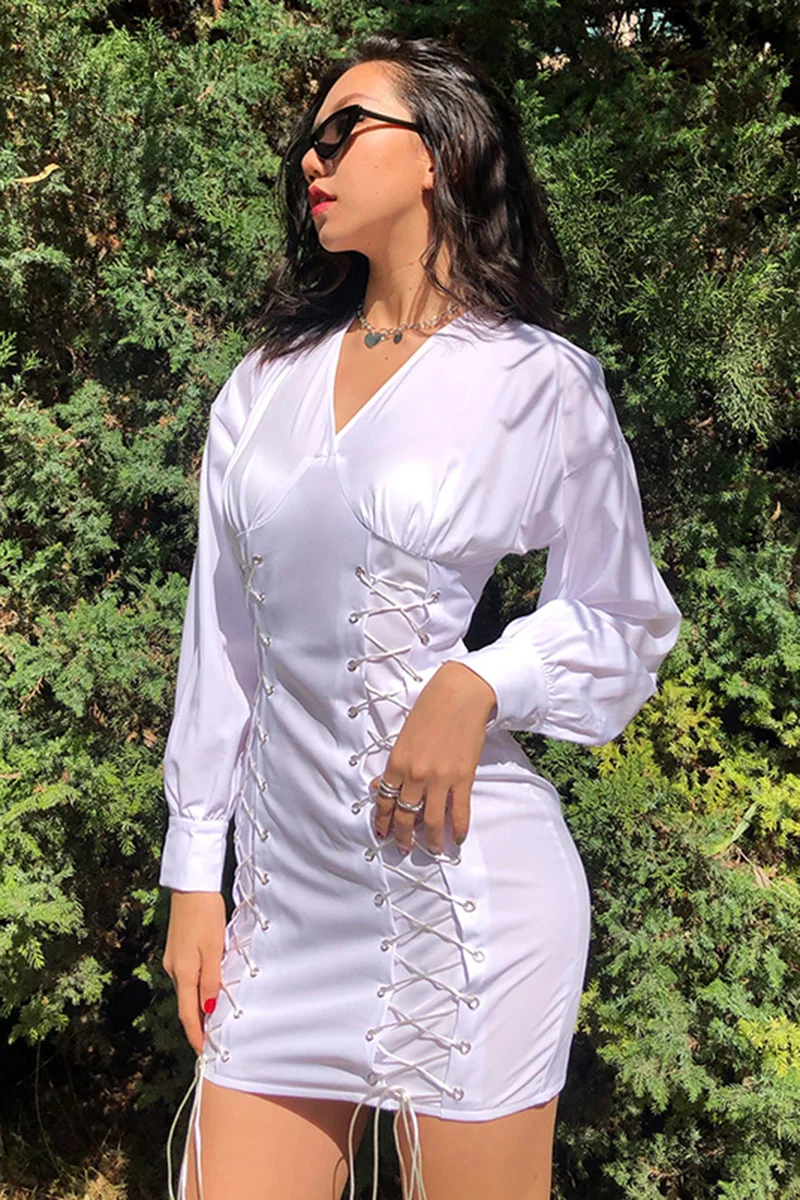 

Instahot sexy V-neck bandage design sense dress women's slim long sleeve temperament hip skirt