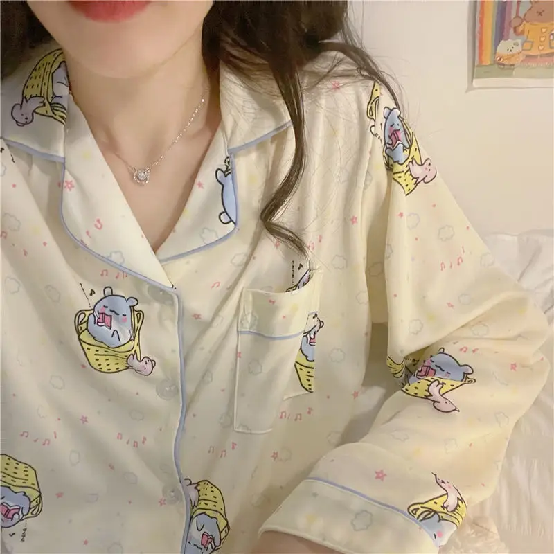 

QWEEK Kawaii Trouser Suits Cartoon Print Women's Pajamas Autumn Long Sleeve Home Clothes Pyjama Pour Femme Pijamas Feminino