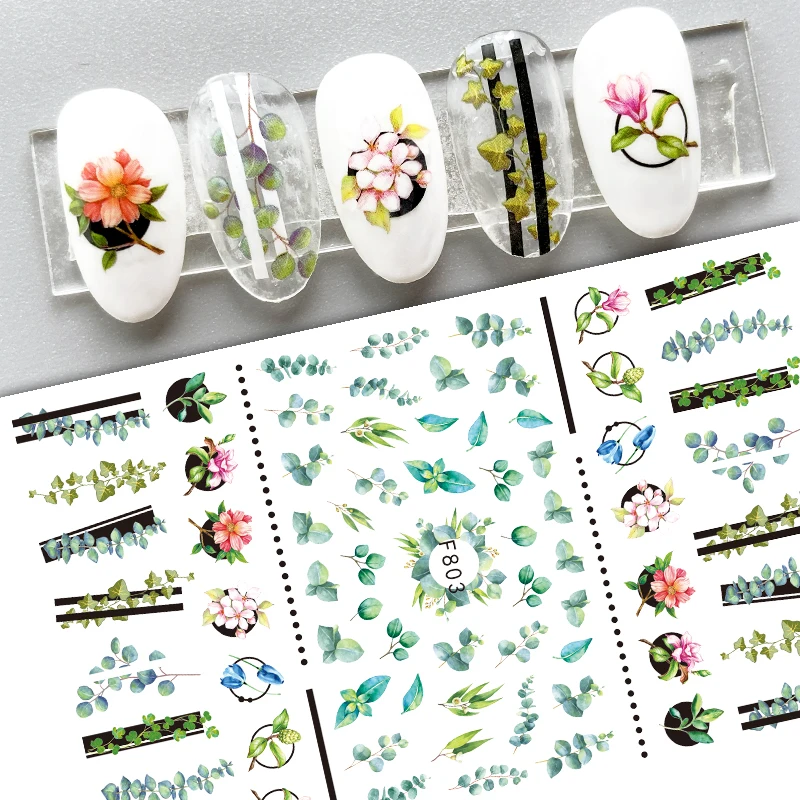

10PCS Flowers Leaf Nail Art Sticker Black and White Line Nail Sticker Art Deco Applique Plant 3D Self Adhesive Nail Slider