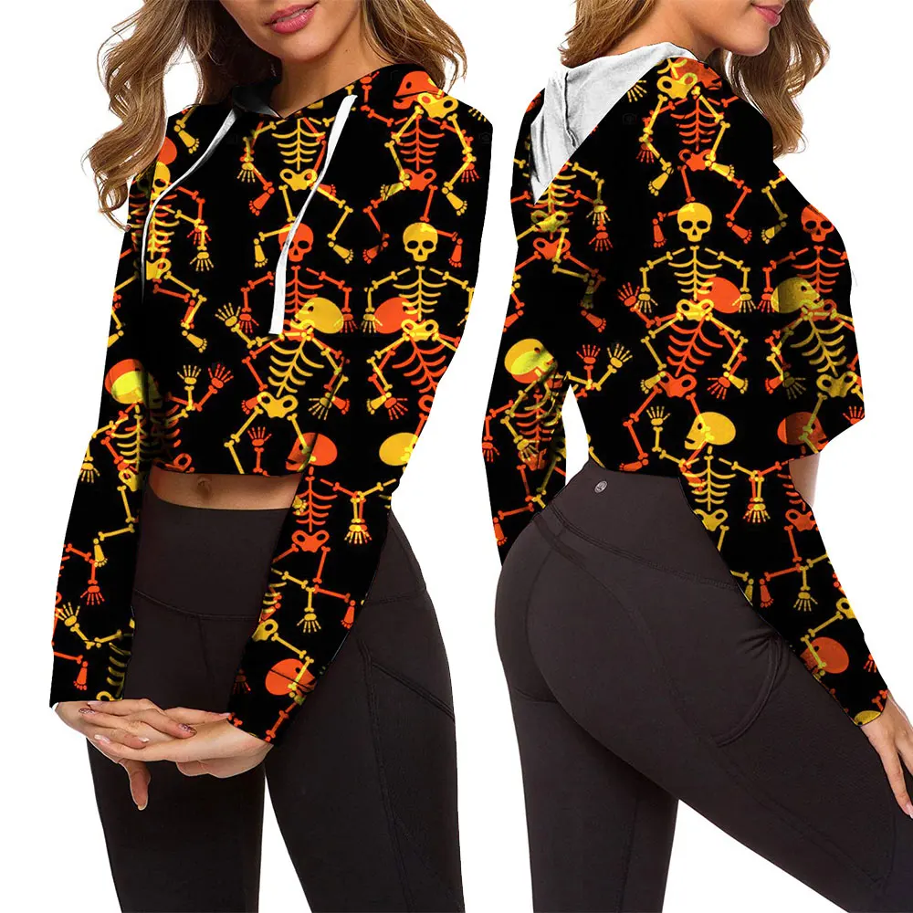 

Halloween Short Hoodies Skull Printed Navel Sweatshirt Tracksuit Long Sleeve Female Crop Top 2021 Aesthetic Cropped Sweatshirts.
