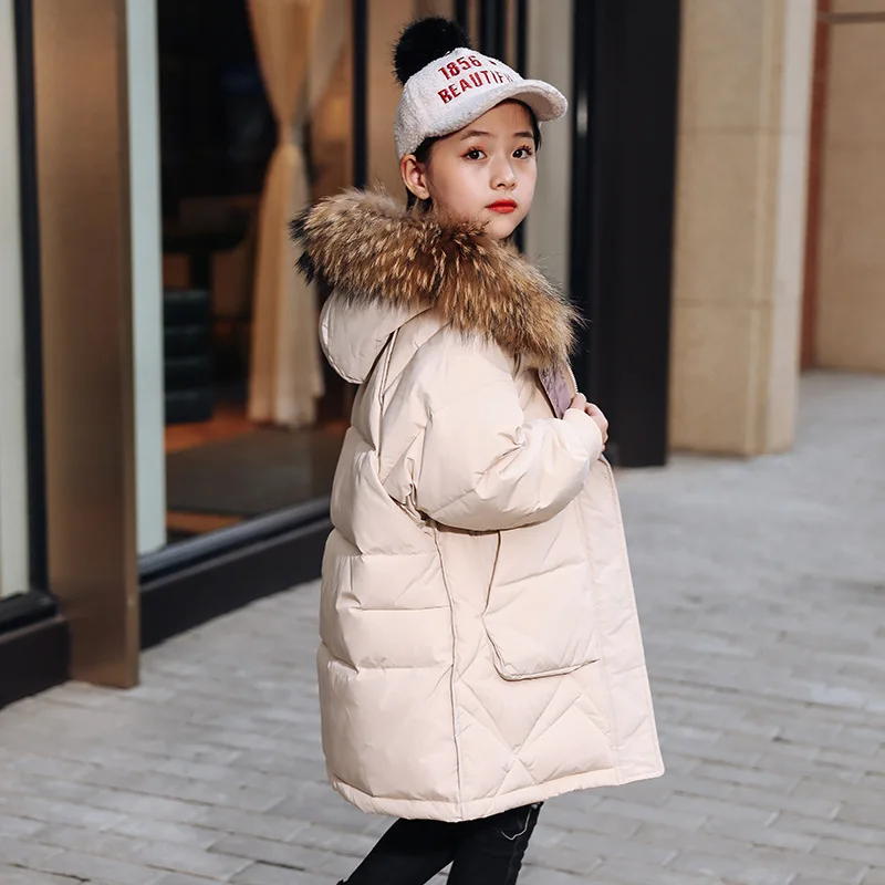 

New Girls Down Jacket Mid-length Baby Thick Korean Style Foreign Coat Children's Winter Clothes Girls Coats Zipper Hooded