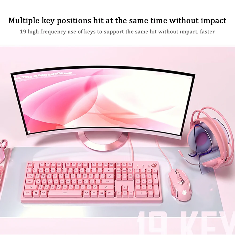 FOR For Keyboard Mouse Headset Combos Mechanical Gaming Sets Cute Pink Mechanical Keyboard 3200 DPI Optical Mouse Headset For