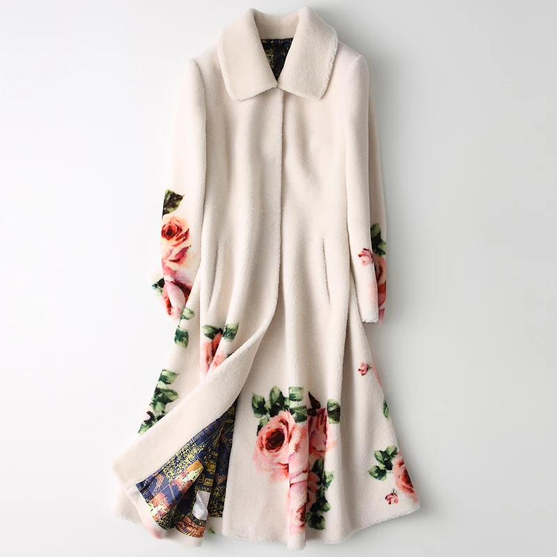 

2021 Women 100% Cashmere Coat Elegant Flower Print Furry Coat Fashion Winter Warm Long Coat with Pocket