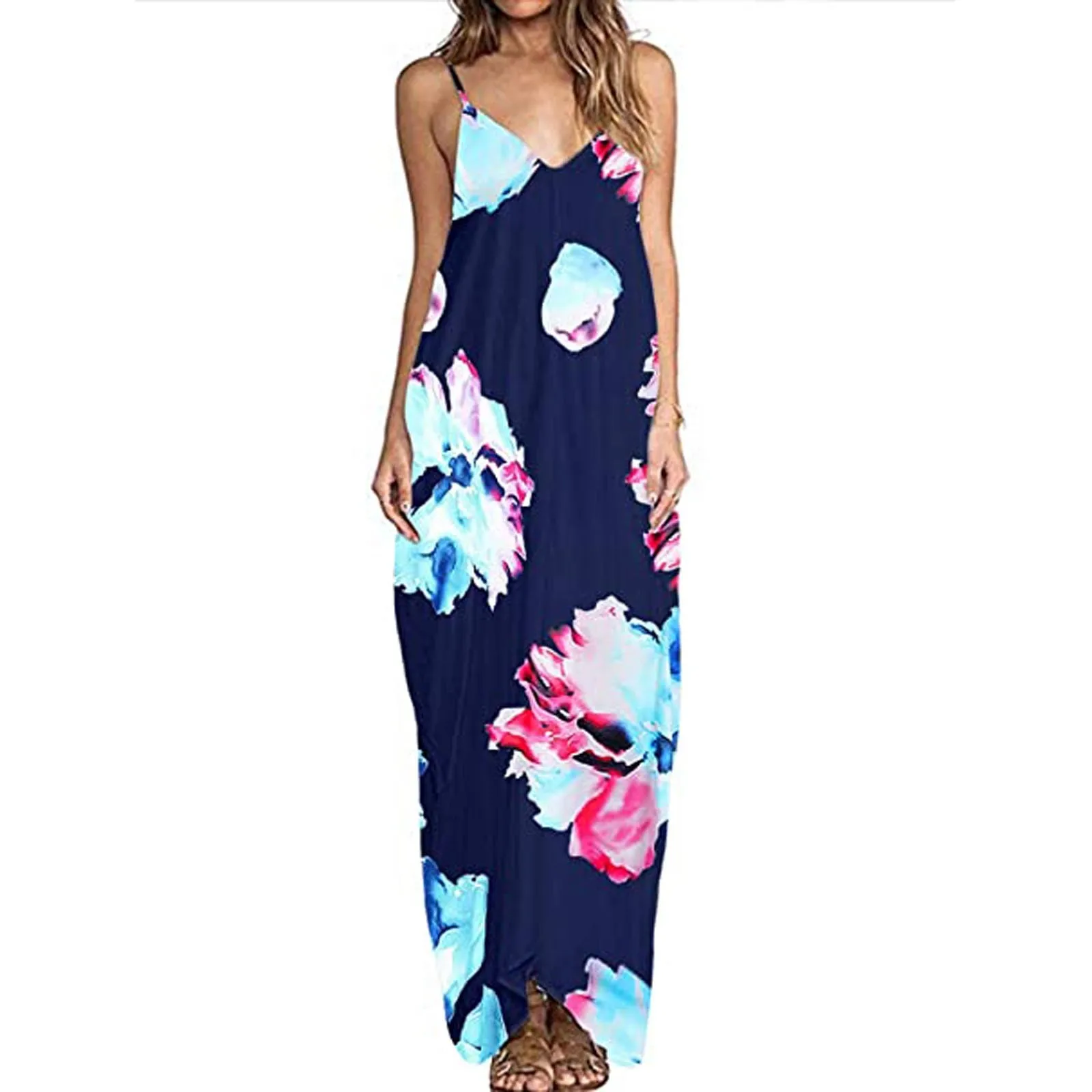 

Summer Women's Maxi Dress Fashion Casual Floral Print Spaghetti Strap Dress Ladeis V Neck Holiday Beach Dresses Vestidos#35