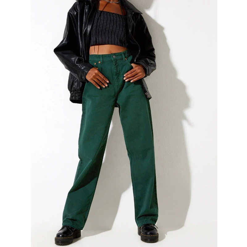 90s Vatige High Waisted Wide Leg Denim Women's Straight Jeans Dark Green Large Femme Pants Loose Baggy Fashion Trousers