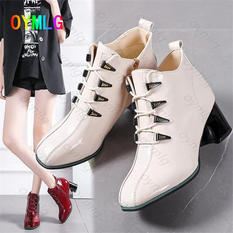 

2021fall new British style single boot temperament ladies fashion boots round toe lace up patent leather short boots women shoes
