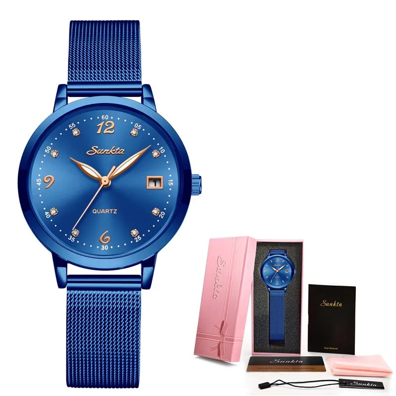 Full blue SUNKTA роскошные подарочные часы с бриллиантами женские водонепроницаемые часы из розового золота со стальным ремешком женские наручные часы лучший бренд часы Relogio Feminino - Цвет: Full blue