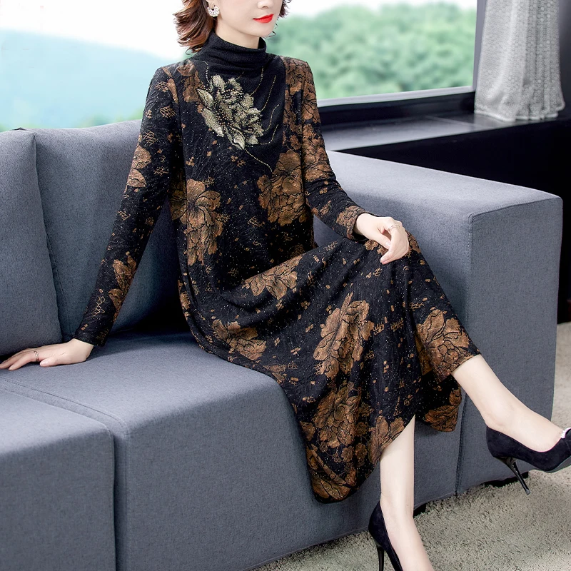 

Winter Casual Plush Padded Warm Sequins Dress 2021 Autumn Vintage Floral M-5XL Plus Size Midi Dress Elegant Women Slim Vestidos