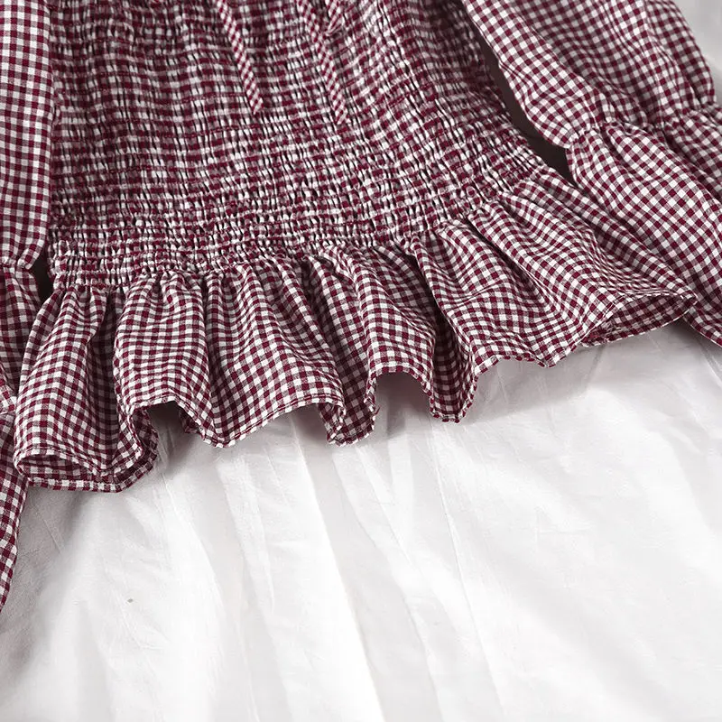 

Vintage Small Plaid Print Ruffle Blouse Women Elegant Puff Sleeve Slim Elastic Pleated Pullover Sweet Chic Lace-Up Shirt Tops