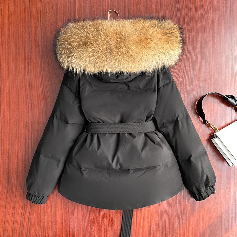 Fitaylor Winter Large Natural Real Fur Collar Hooded Feather Jacket Women Slim Warm Down Coat Thickening Short Outwear with Belt | Женская