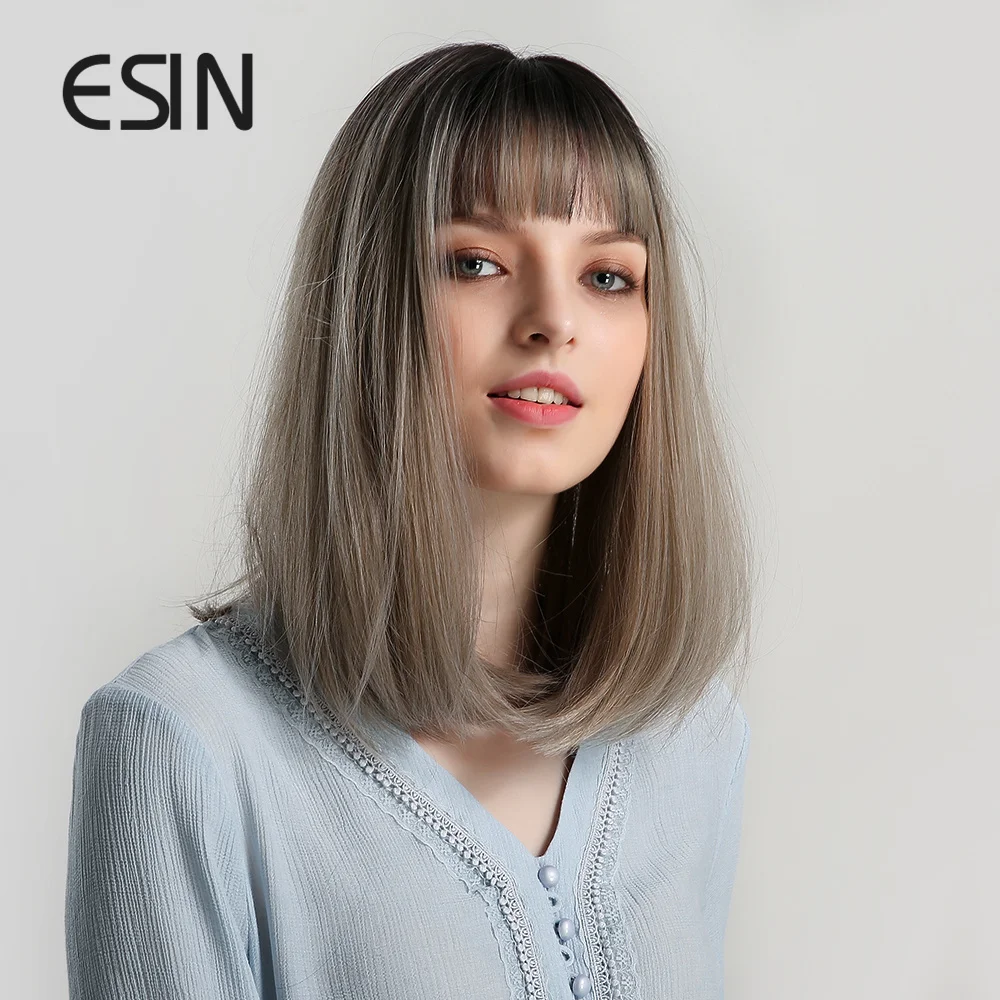 ESIN средней длины прямой синтетический парик с челкой черный корень Омбре серые