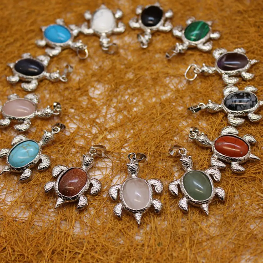

6PCS Factory Outlet Agates Pendant Zinc Alloy Turtle Pendant Necklace Natural Stone Pink Crystal Quartz Fine Jewelry Making