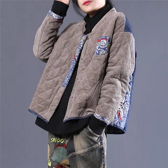 gray spliced blue Осенне-зимняя одежда г. Новое корейское Свободное пальто большого размера, модное вельветовое хлопковое пальто винтажная куртка f1612 - Цвет: gray spliced blue