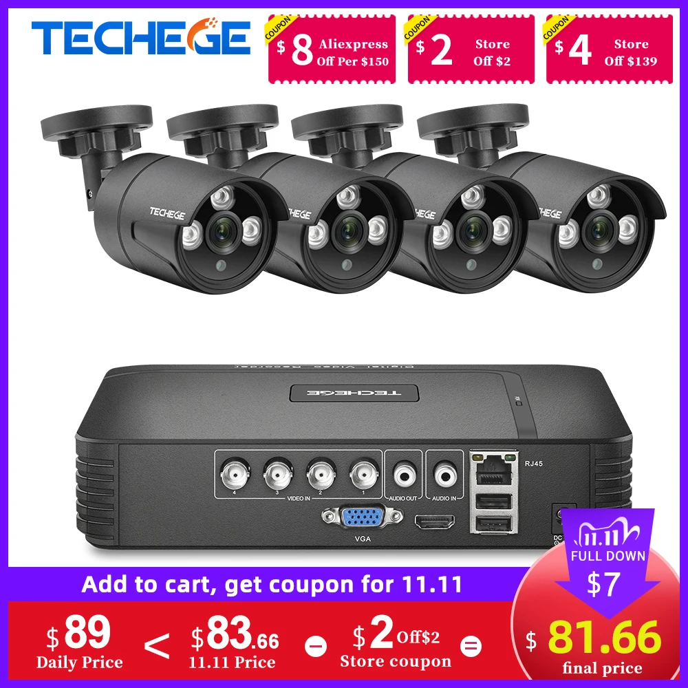 Techege камера видеонаблюдения системы безопасности комплект 4CH 1080N AHD DVR Kit Ночное