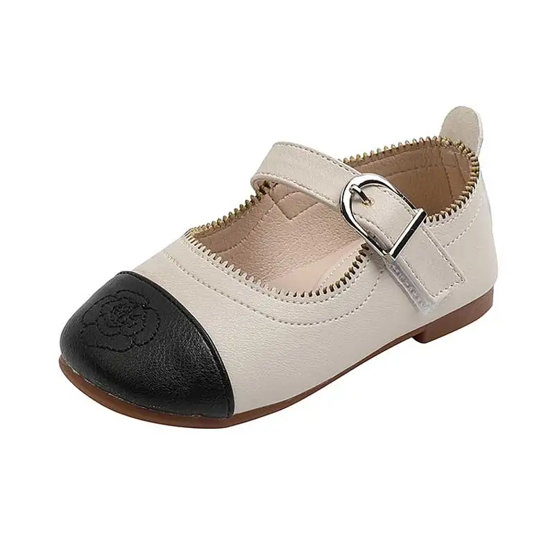 Kids Splicing Shoes Girl Buckle Flower Princess 2021 Baby Child Soft Sole Non-slip Mary Jane Shoe Size 21-30 Black White |