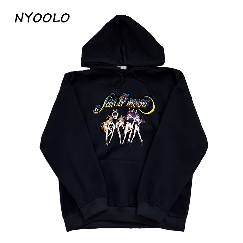 NYOOLO Harajuku мультфильм Сейлор Мун с буквенным принтом свободные теплые толстовки зимние уличные пуловеры с капюшоном флисовая Толстовка для женщин и мужчин - Цвет: Черный