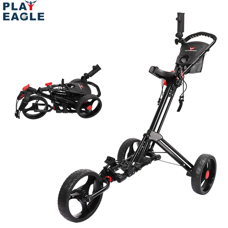 PLAYEAGLE Foldable 3 Wheels Push Swivel  Pull Cart Golf Trolley with Umbrella Stand Golf Cart Bag Carrier