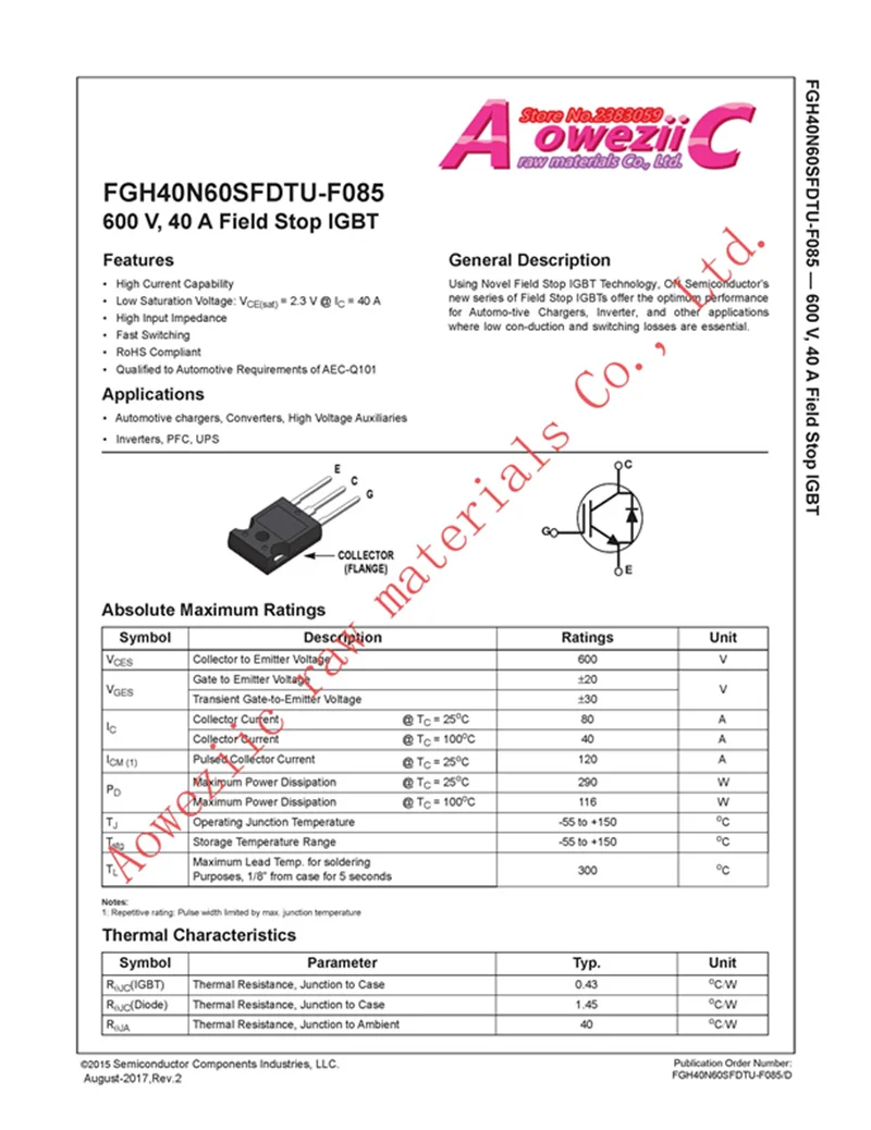 Aoweziic+ импортный FGH40N60SFD FGH40N60 TO-247 Триод Электрический сварочный аппарат IGBT трубка 40A600V