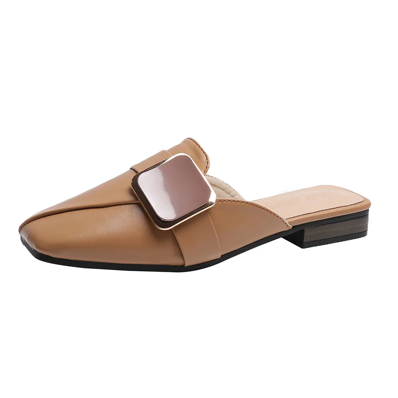

Luxury Buckle Summer Sandalias De Verano Para Femme Plates Mules Mujer Piel Planos Half Slides Women Flat Slippers Leather Shoes