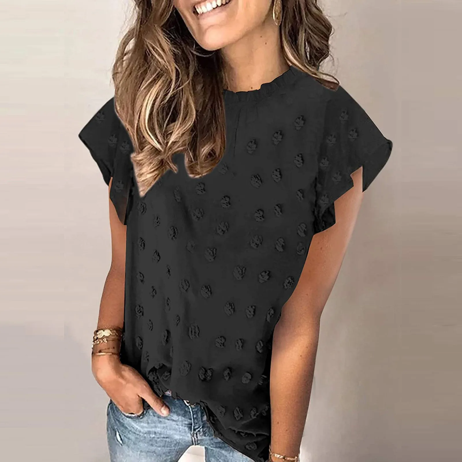 Шифоновая кружевная блузка в горошек Женская однотонная с оборками круглым