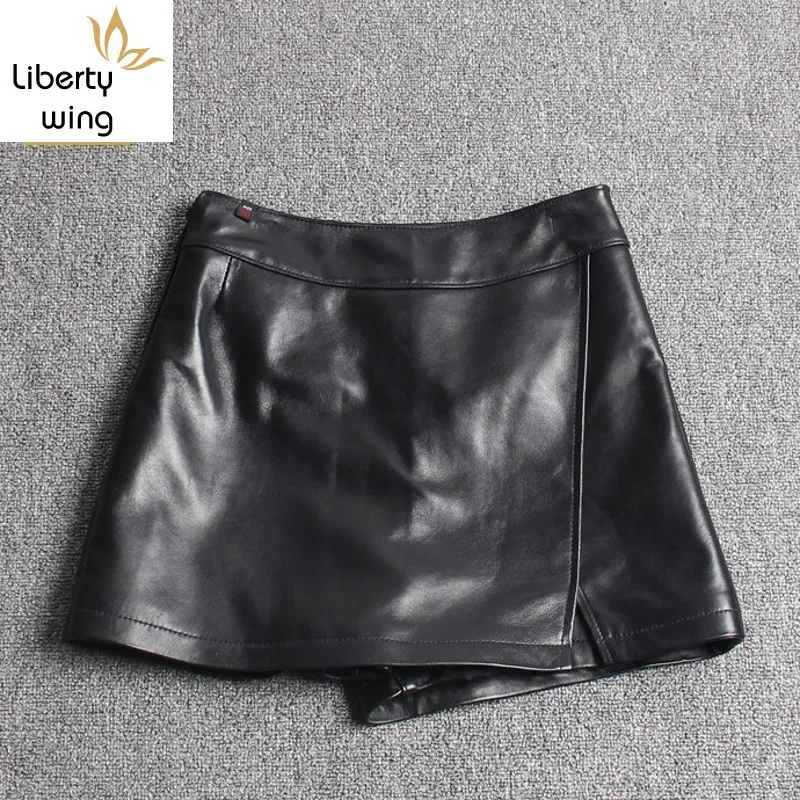 Fashion Women Asymmetric Top Quality Sheepskin Real Leather Casual Streetwear Ladies Slim Fit Shorts Skirts