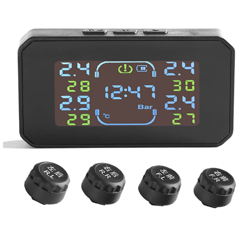 

Solar TPMS RV Truck Tire Pressure Monitoring Alarm System LCD Display Tyre Temperature Alarm with 4 External Sensors 6Ba/9Ba