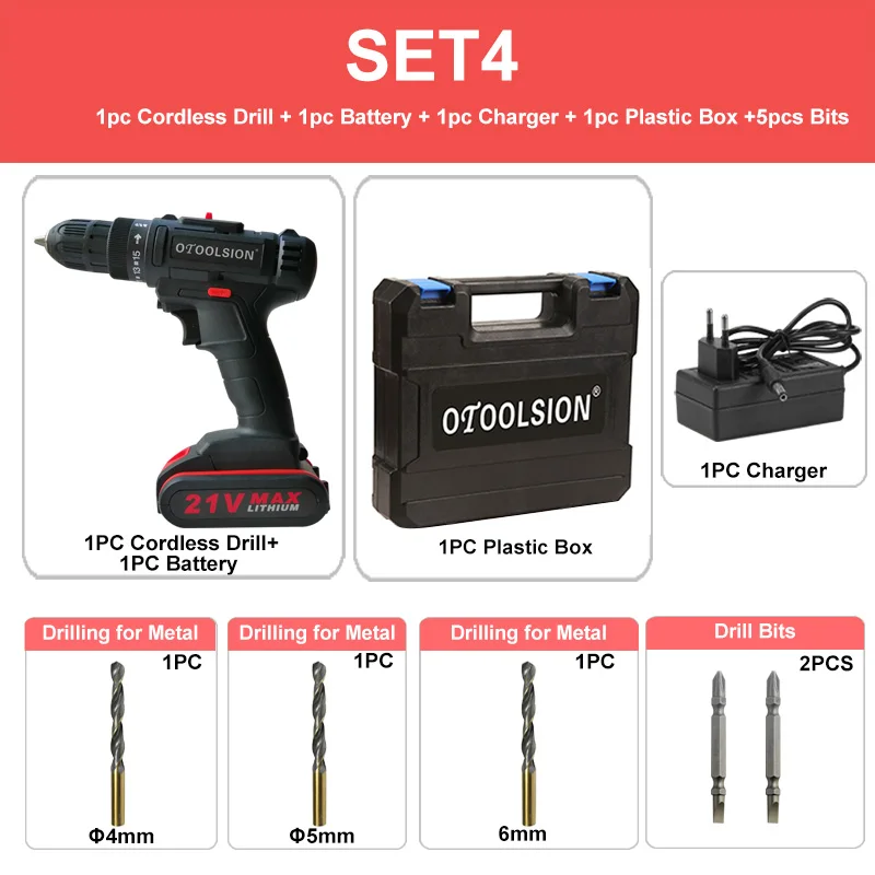 SET4 (1 pc battery) 21 в 1.3ач маленькая дрель Беспроводная Дрель аккумуляторные инструменты 12 В Электрическая дрель шуруповерт батарея ручная дрель с ящиком для инструментов двойная скорость - Цвет: SET4 (1 pc battery)