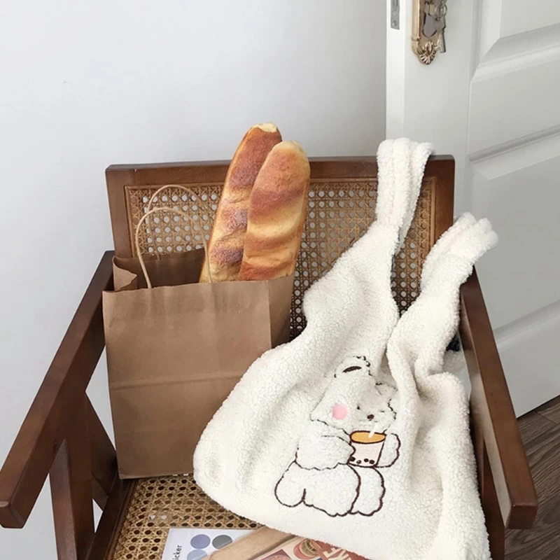 

Women Canvas Shoulder Bag Warm Plush Cloth Fabric Handbag Soft Cotton Tote Large Capacity Embroidery Bear Book Bags