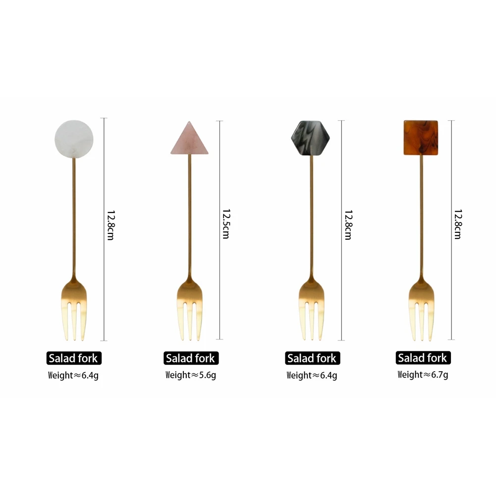 4pcs Stainless Steel Small Spoon Fork Set INS Coffee Tea Stirring Household Gold-Plated Acrylic Geometric Shape Spoons Forks | Дом и сад