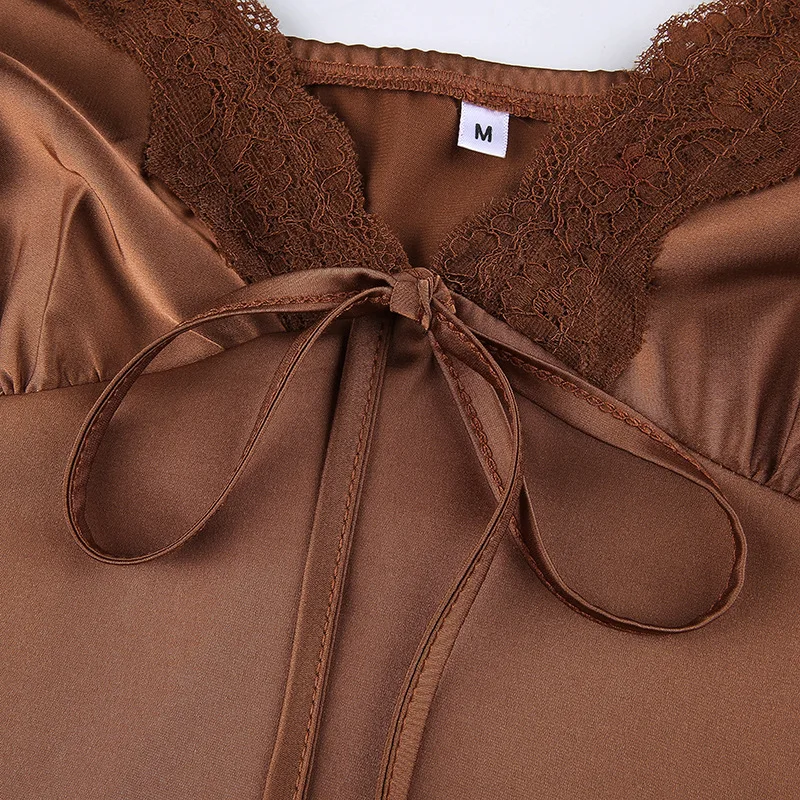 

Women Summer y2k Mini Bodycon Dress Brown Sexy Lace V Neck Patchwork Slip Nightdress Female Dresses Fashion Vestidos Outfits