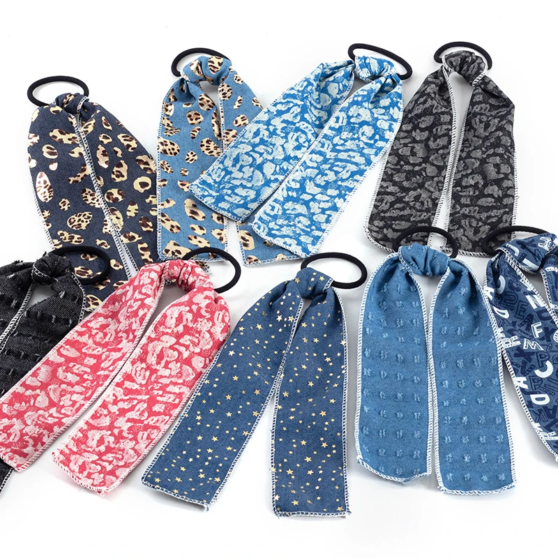 

Classic Leopard Polka Dot Denim Women Streamers Scrunchies Polka Dot Floral Print Elastic Bow Hair Rope Girl Hair Ties