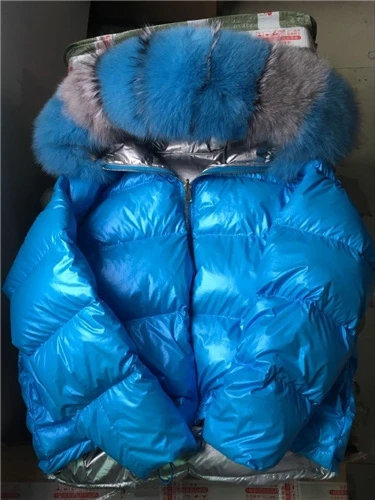 blue2 Зимняя женская куртка с натуральным мехом, Воротник из натурального Лисьего меха, свободное короткое пальто, серебристый белый пуховик на утином пуху, Корейская одежда - Цвет: blue2