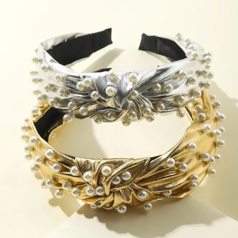 

2Pcs/Lot Fashion Punk PU Sequins Imitation Pearl Headband Womens Hair Accessories Knotted Hair Hoop Adults Headwear for Ladies